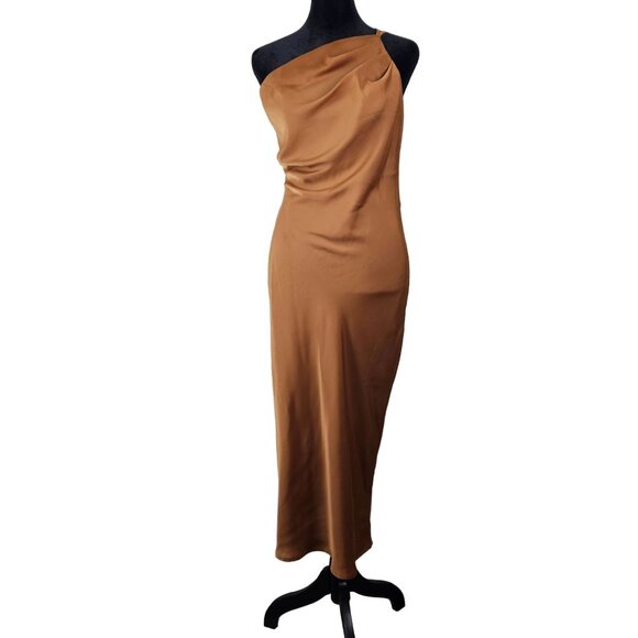 Pretty Garden One-Shoulder Midi Dress Brown Satin Size Medium Party Wedding Chic - Picture 2 of 9